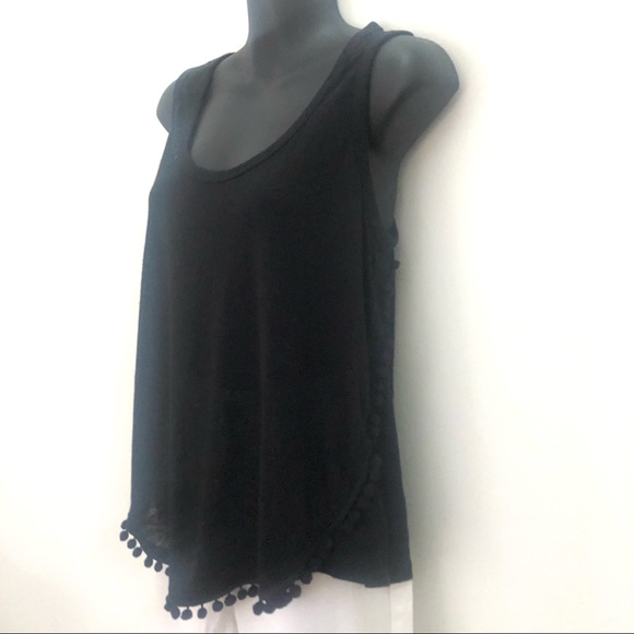 Country Road XS Linen Tank Top Pom Pom Trim Black Staple piece Hi-low Hemline - Picture 2 of 11